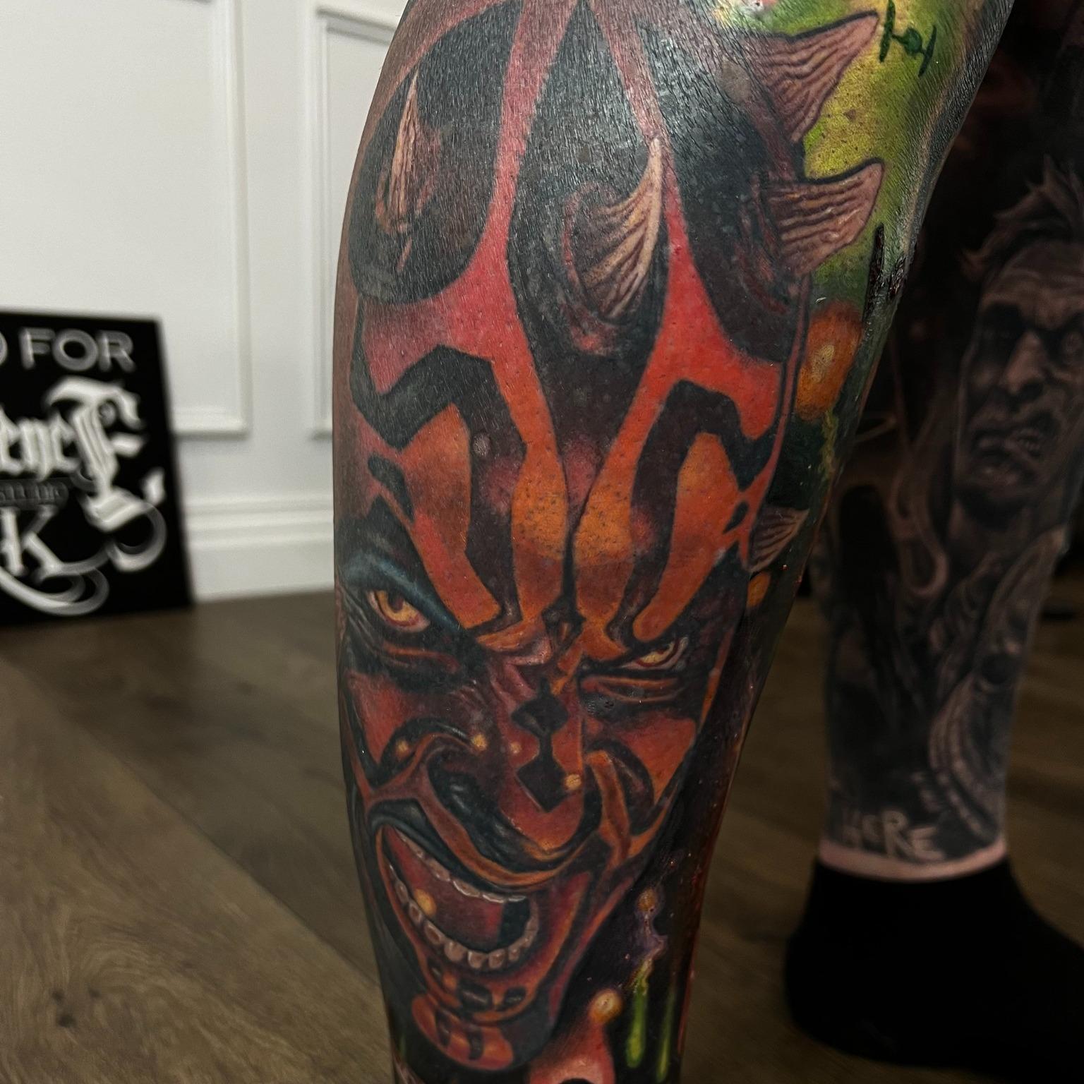Colour Star Wars leg tattoo of Darth Maul by Independence Ink.