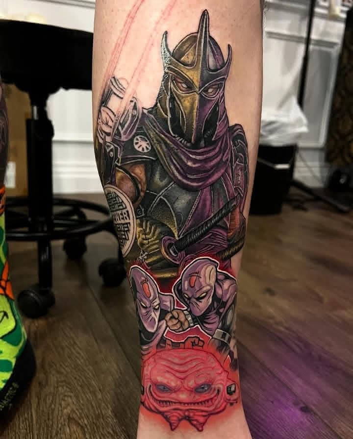 Colour Teenage Mutant Ninja Turtles tattoo of Shredder, Foot Clan ninjas and Krang by Independence Ink.