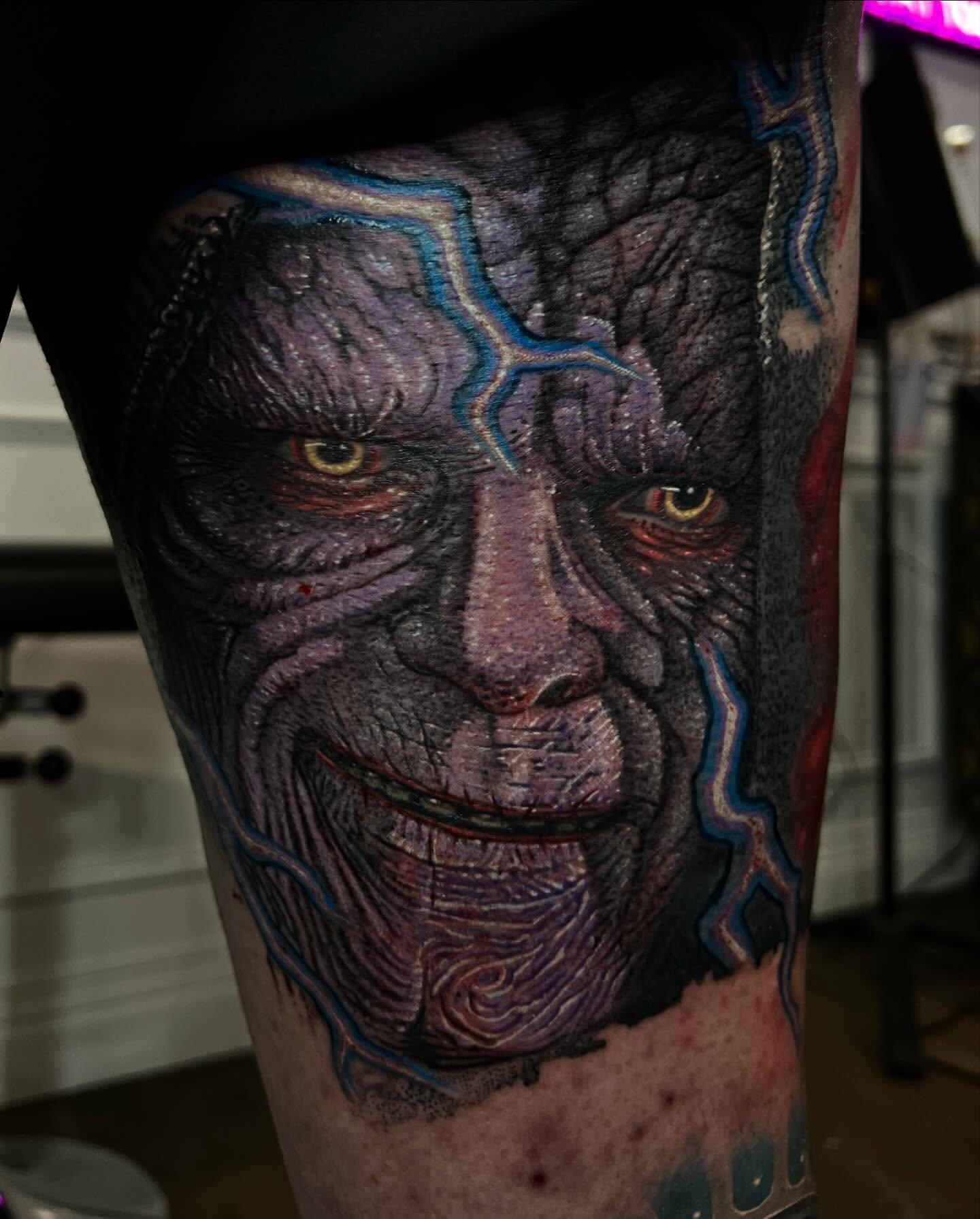 Colour realism Darth Sidious tattoo with force lightning by Independence Ink in Camden.